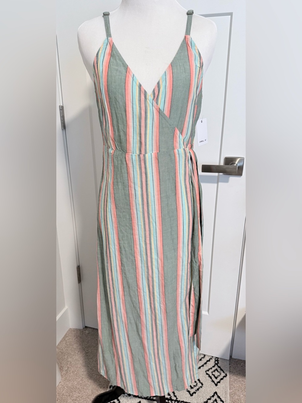 O'Neill Striped Wrap Maxi Dress in Sage, Coral and Cream NWT